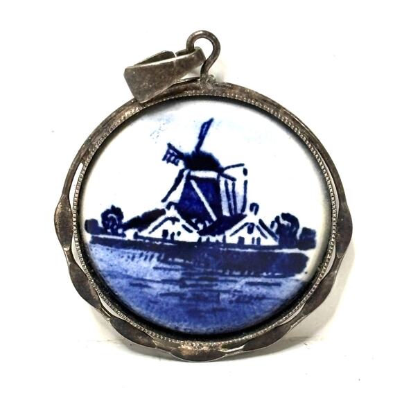 Vintage Antique Delft Unmarked Silver Pendant Windmill Delftware - Picture 1 of 4